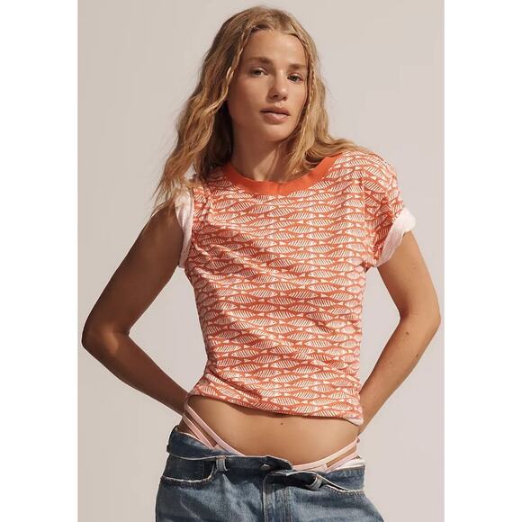 NWT Anthropologie Maeve The Caitlin Boxy Tee Geo Print Fish Coral White Size XS - Picture 1 of 8